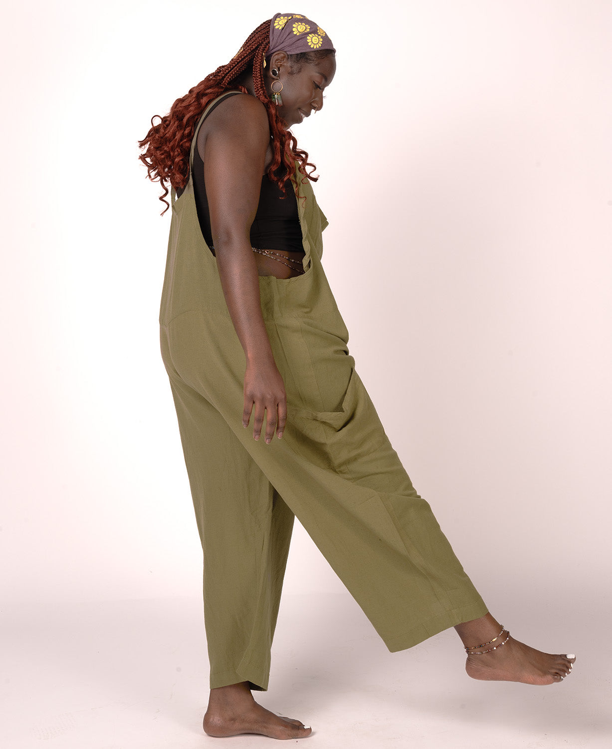 Hemp Viscose Slouchy Overalls - Moss - Green Slouchy Overalls | Hemp Overalls | Soul Flower on plus size model