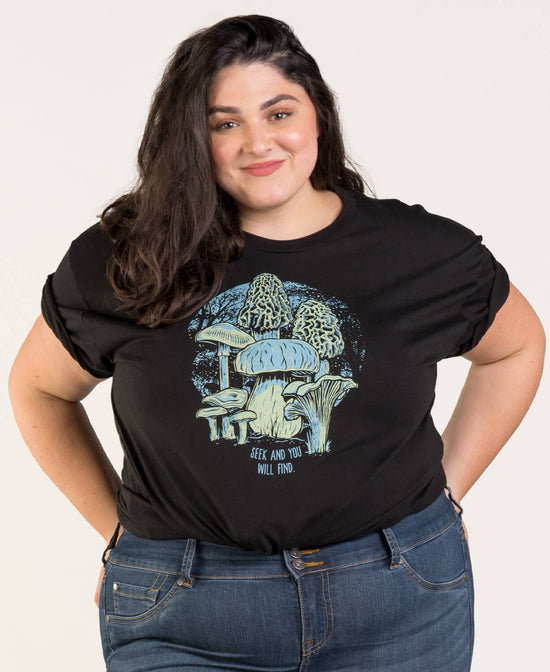 Mushroom Forager Organic T-Shirt - Unisex - Mushroom Forager Organic T-Shirt | Soul Flower Women on plus size model