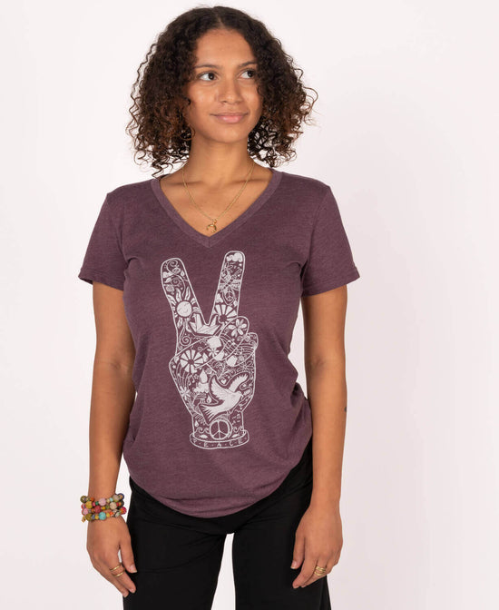 Peace Fingers Eco V-Neck T-Shirt - Peace T-Shirt | Peace Fingers Tee | Soul Flower Women
