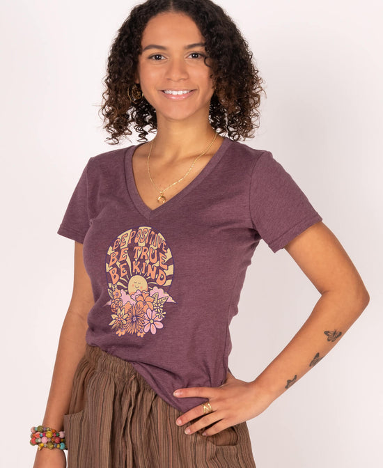 Closeout! Positive True Kind Eco V-Neck T-Shirt - Be Kind T-Shirt | Retro Tee | Soul Flower Women
