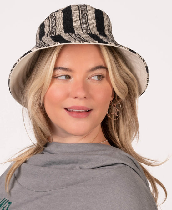 Reversible Natural and Striped Canvas Bucket Hat - Hippie Bucket Hat | Striped Festival Hat | Soul Flower