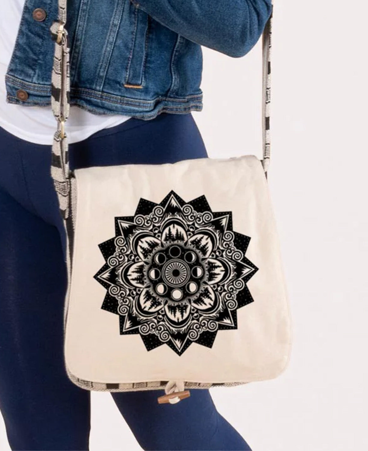 Mountain Mandala Messenger Bag - Natural - Black and White Messenger Bag | Hippie Bags | Soul Flower