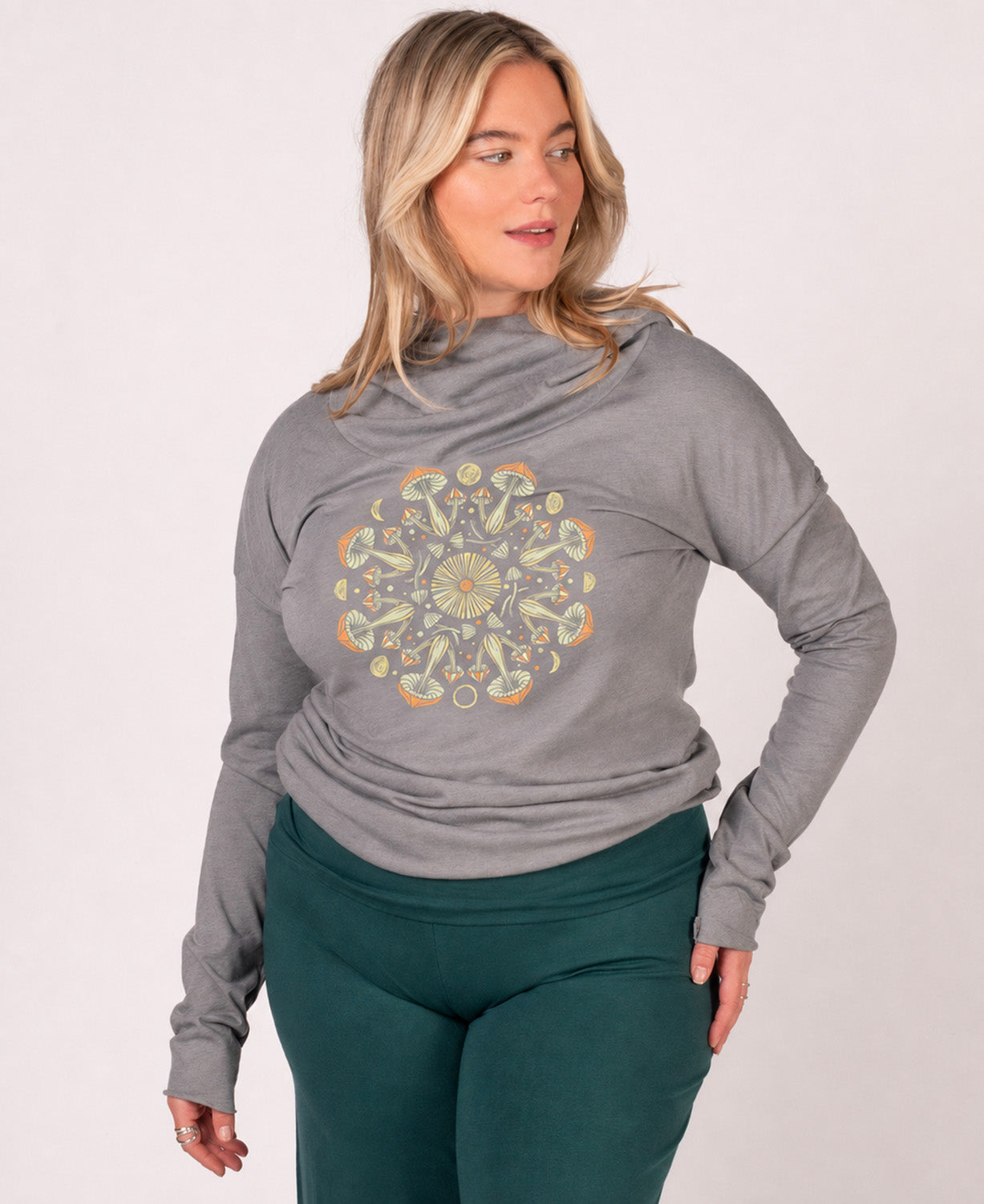 Mushroom Mandala Cowl Yoga Hoody - Mushroom Hoody | Yoga Top | Soul Flower Women Plus Size
