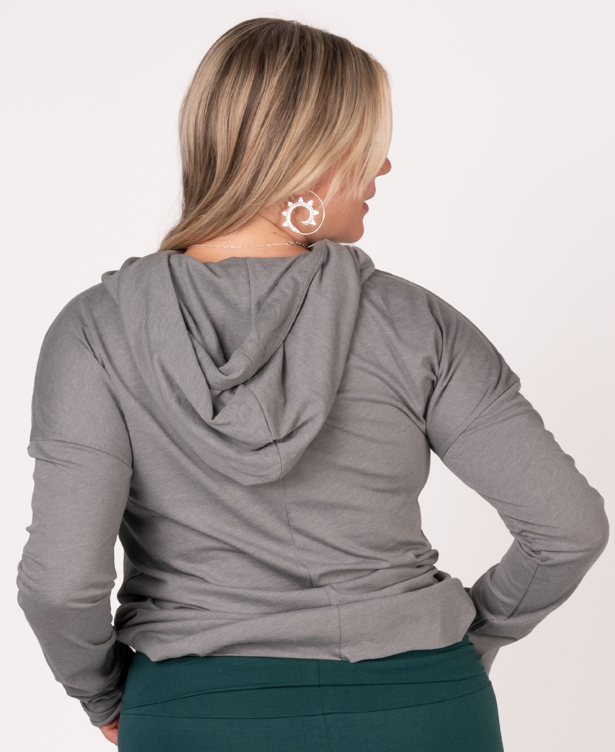 Mushroom Mandala Cowl Yoga Hoody - Mushroom Hoody | Yoga Top | Soul Flower Women on plus model from the back