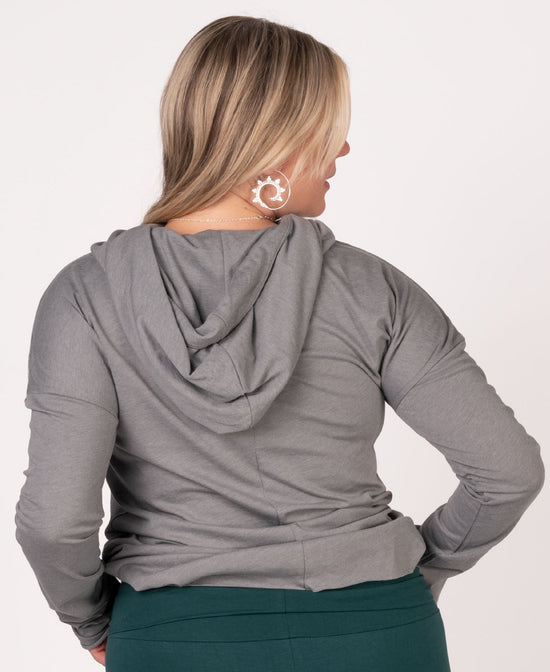 Mushroom Mandala Cowl Yoga Hoody - Mushroom Hoody | Yoga Top | Soul Flower Women on plus model from the back