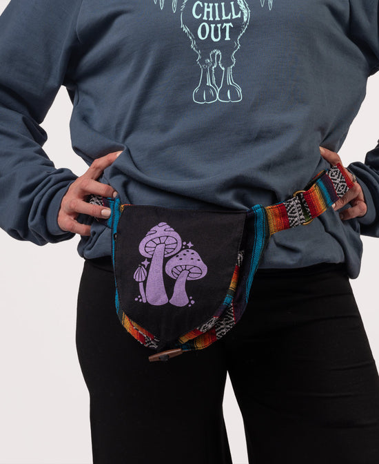 Three Little Mushrooms Hip Bag - Black - Mushroom Fanny Pack | Hippie Hip Sacks | Soul Flower