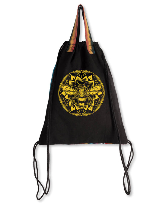Bee Mandala Cinch String Backpack - Black - Bee Backpack | Boho Knapsacks | Soul Flower