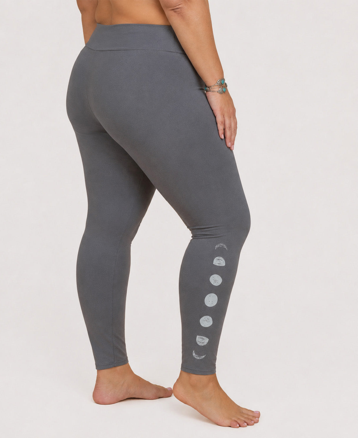 Lunar Phases Organic Cotton Leggings - Charcoal - Moon Leggings | Charcoal Yoga Pants | Soul Flower on plus model in studio