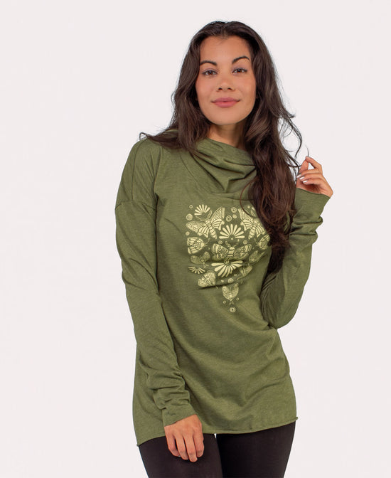 Mega Moth Cowl Yoga Hoody - Lightweight Printed Hoody | Moth Shirt | Soul Flower Women