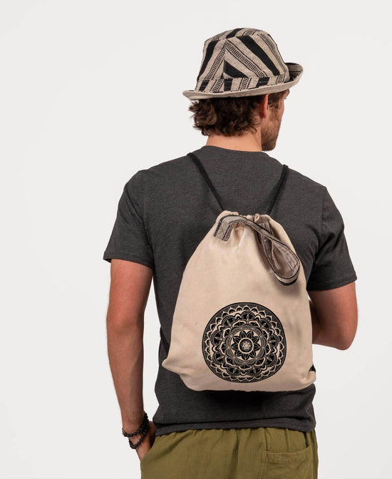 Shadow Mandala Cinch String Backpack - Natural - Mandala Backpack | Boho Backpacks | Soul Flower