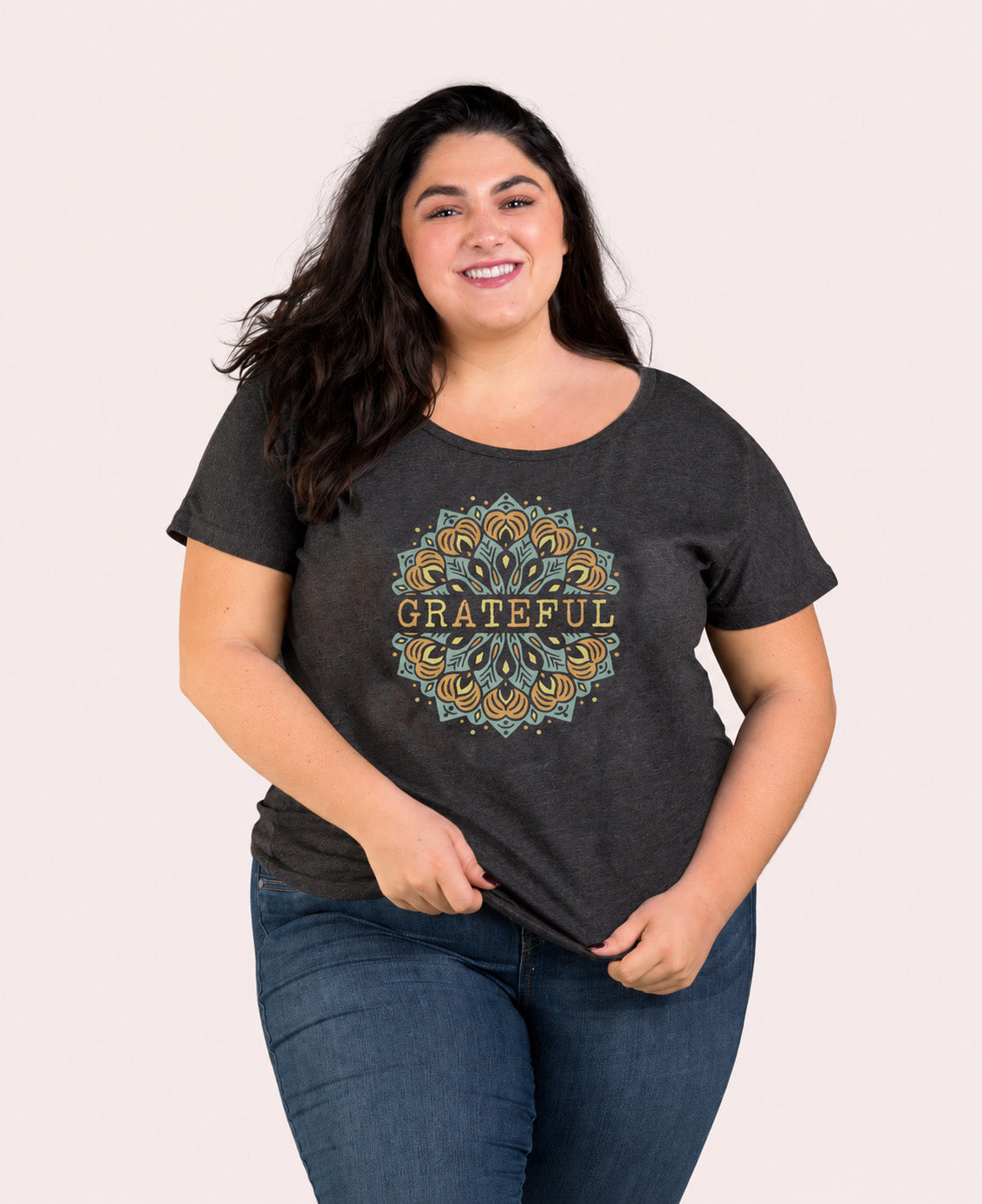 Grateful Slouch Top - Grateful Tee | Womens Hippie Tees | Soul Flower plus size model in studio