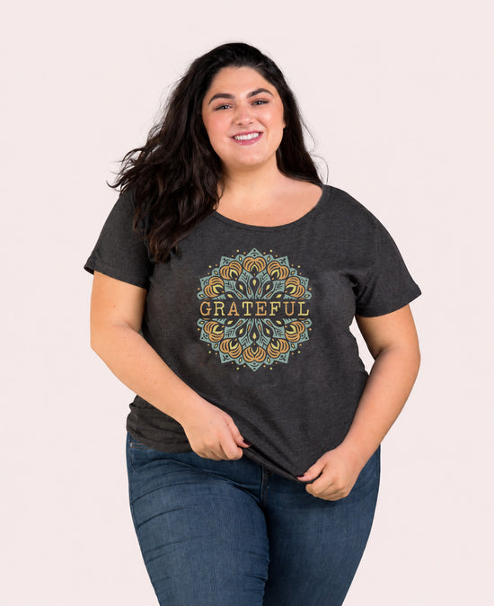 Grateful Slouch Top - Grateful Tee | Womens Hippie Tees | Soul Flower plus size model in studio