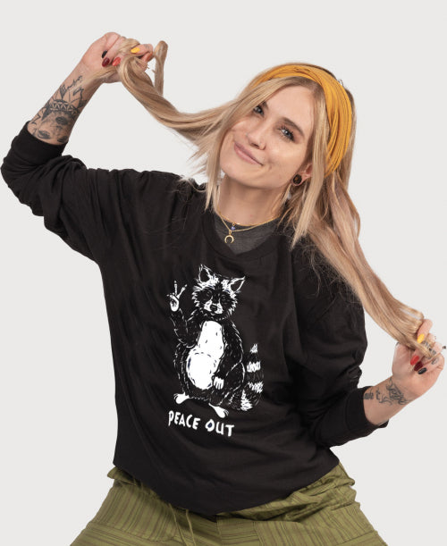 NEW! Peace Out Raccoon on Long Sleeve T-Shirt in Black Women