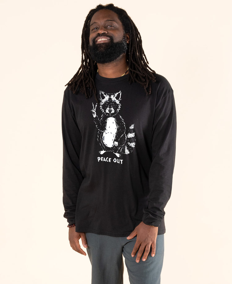 NEW! Peace Out Raccoon on Long Sleeve T-Shirt in Black - Peace Out Long Sleeve Tee | Unisex Hippie Shirt | Soulflower Men