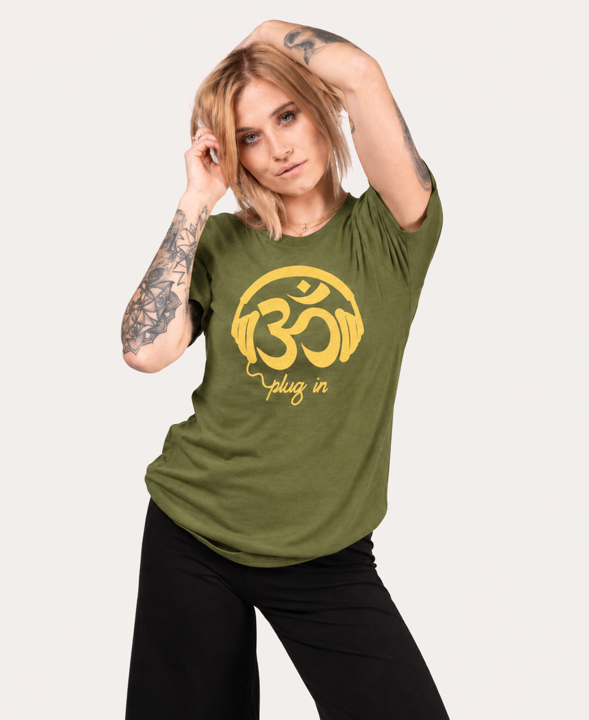 Om T-Shirt | Music & Yoga Graphic Tee | Soul Flower Olive Women Plug In with headphones