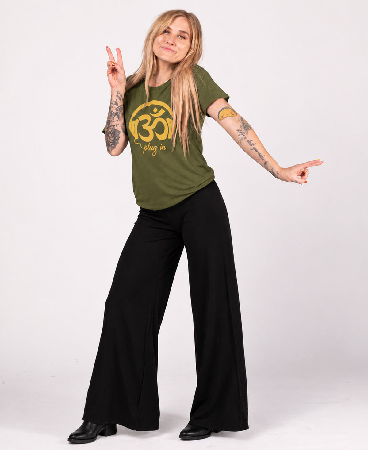 Om T-Shirt | Music & Yoga Graphic Tee | Soul Flower Olive Women Plug In with headphones and peace fingers