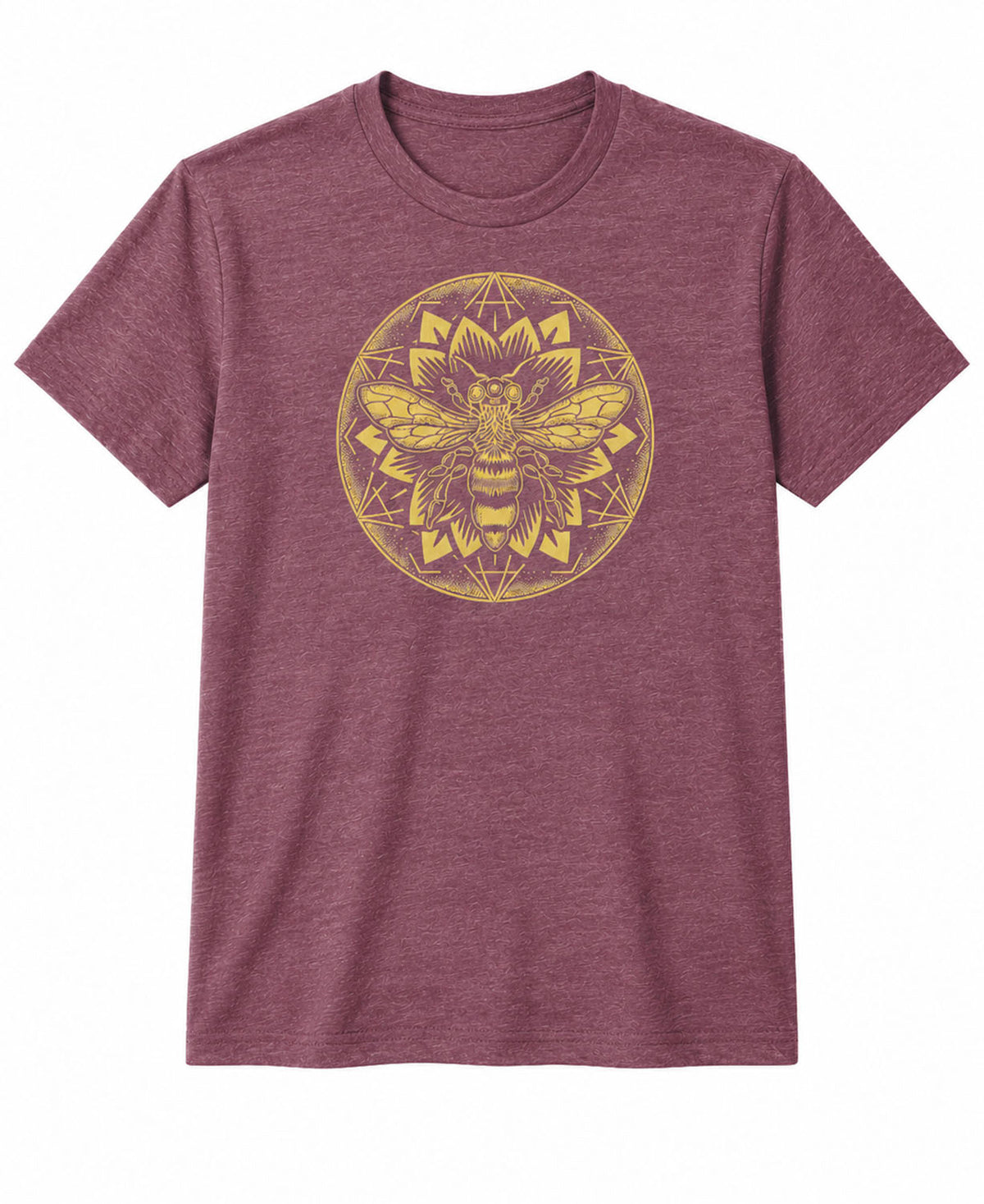 A heather maroon short-sleeve crewneck t-shirt featuring a circular golden mandala graphic with a bee design on the chest, displayed against a solid white background.
