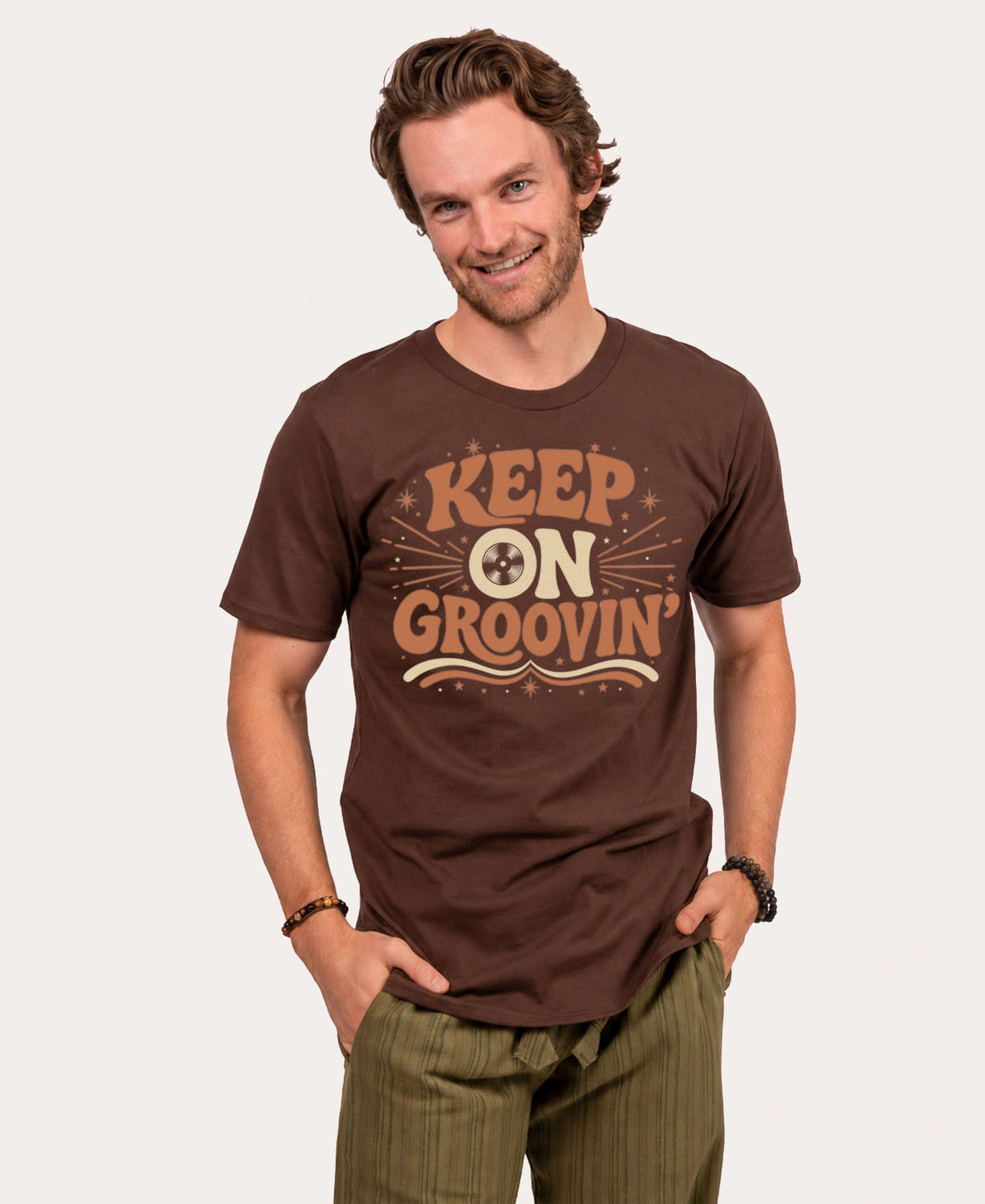 Keep On Groovin' T-Shirt - Brown with keep n Groovin in retro 70s font cream and orange mens