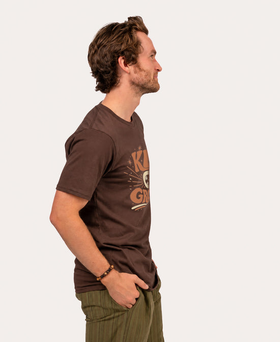 Keep On Groovin' T-Shirt - Brown with keep n Groovin in retro 70s font cream and orange mens side