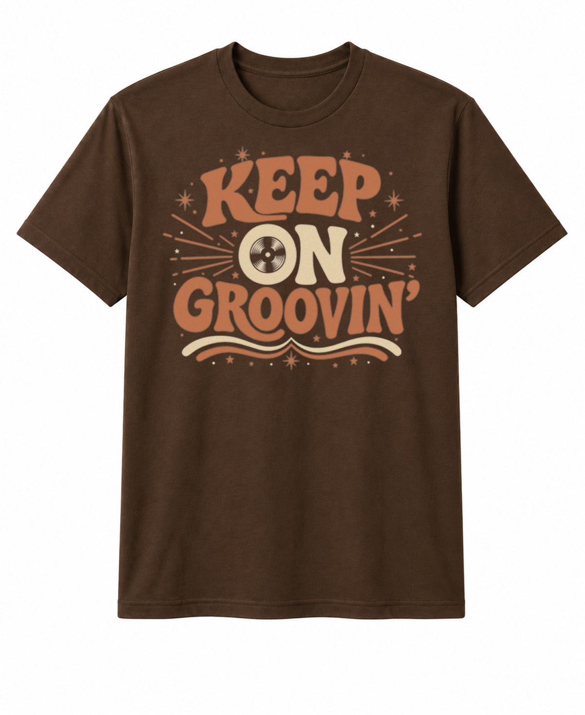 Keep On Groovin' T-Shirt - Brown with keep n Groovin in retro 70s font cream and orange 