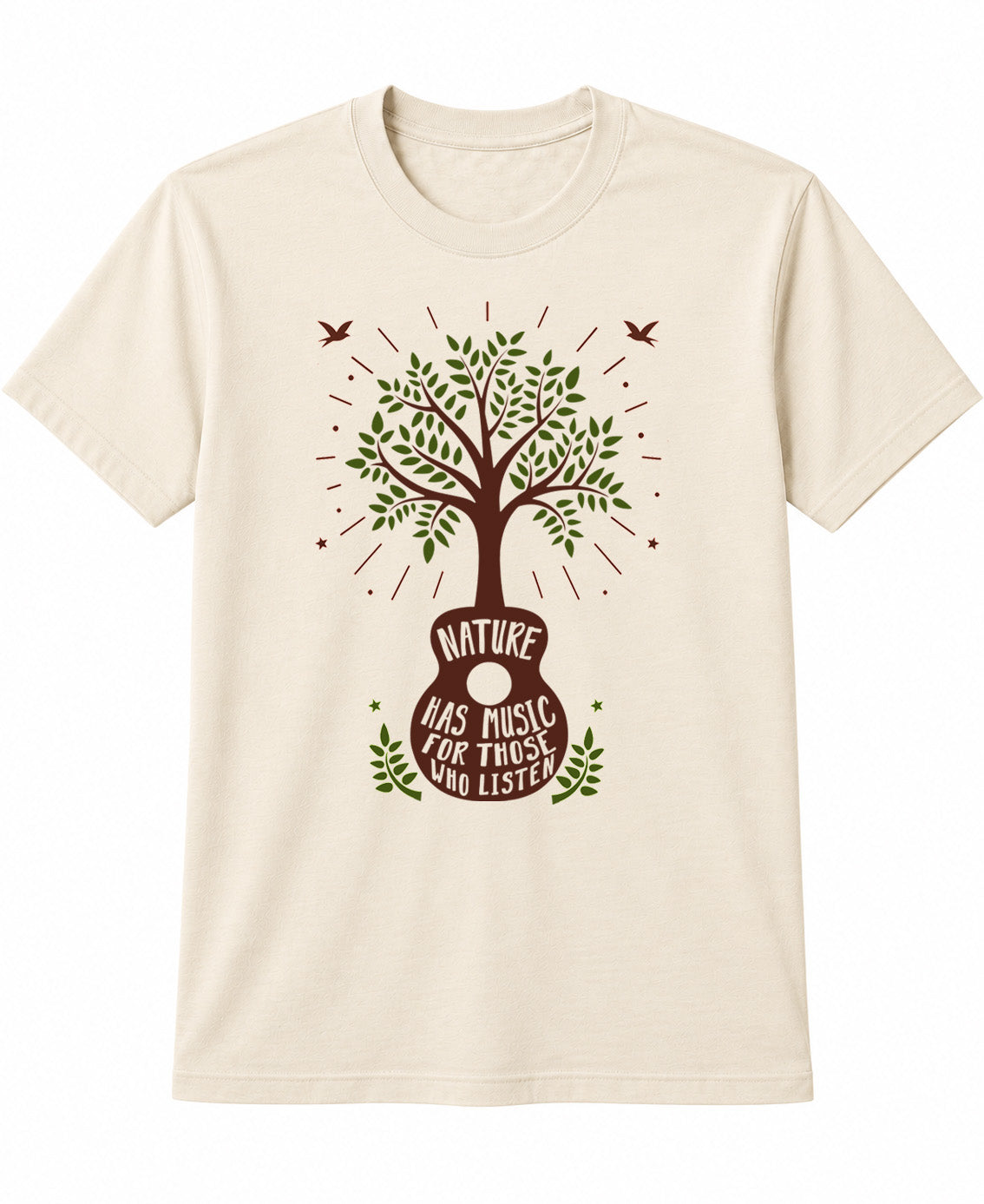 Graphic T-Shirt from Soul Flower with a guitar-shaped tree with green leaves and brown branches, with the text 'NATURE HAS MUSIC FOR THOSE WHO LISTEN' 