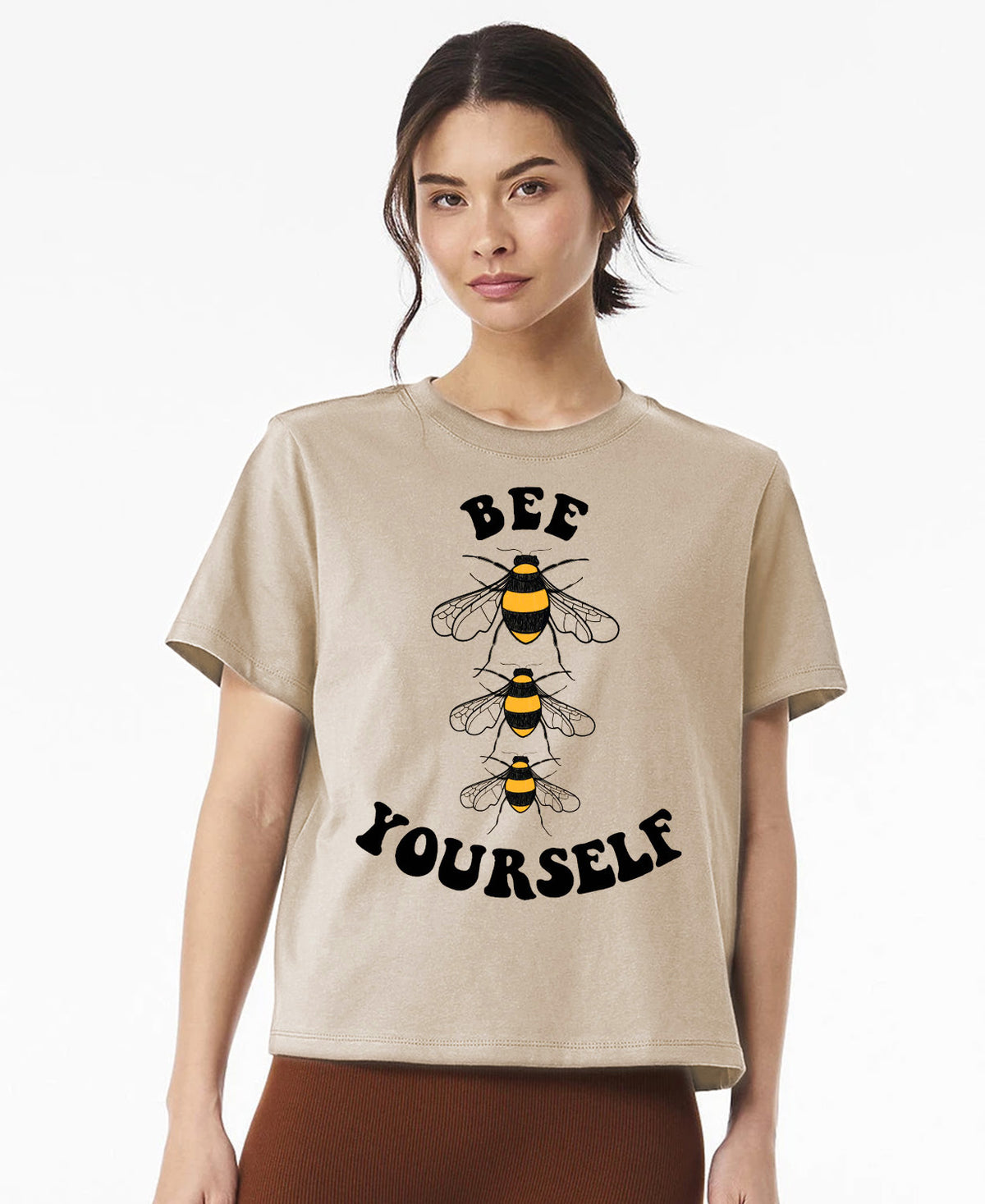 Bee Yourself Boxy Tee Womens Khaki Tee with Bee Artwork