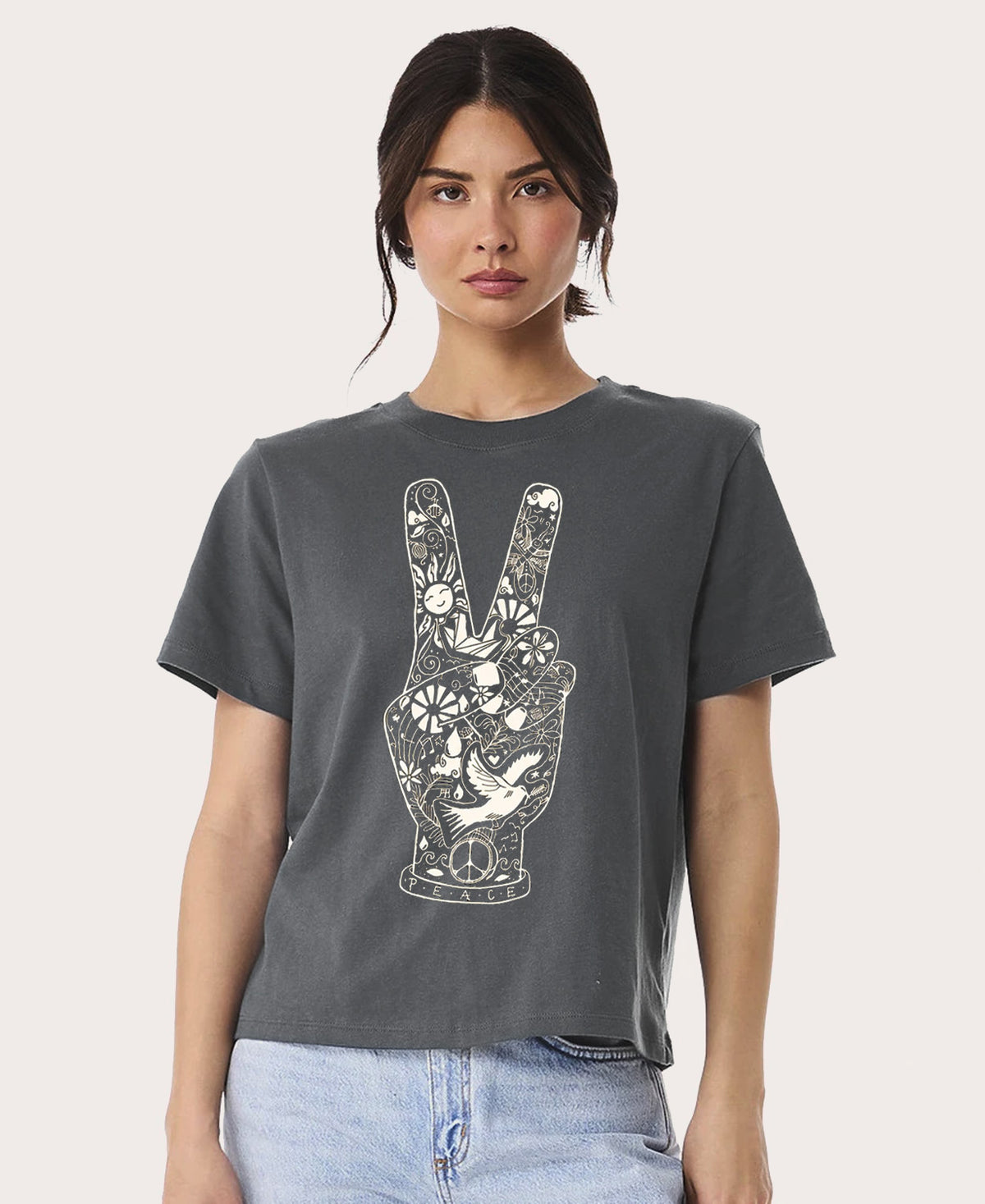 Peace Fingers Boxy Tee Womens Charcoal Tee with Peace Artwork