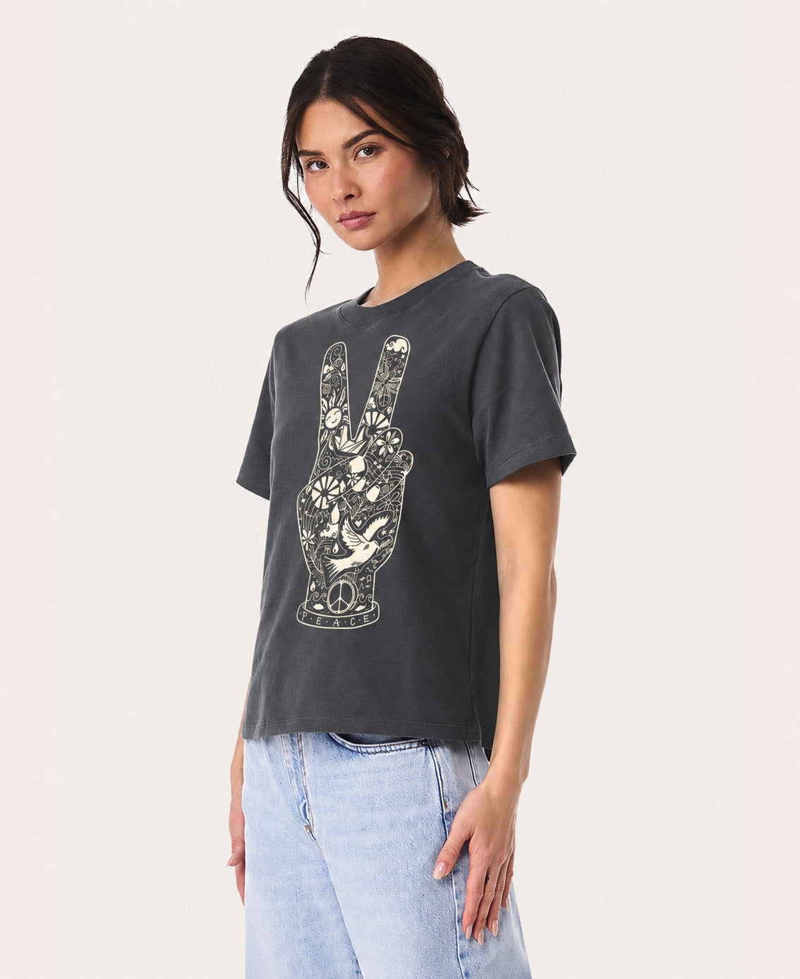 Peace Fingers Boxy Tee Womens Charcoal Tee with Peace Artwork