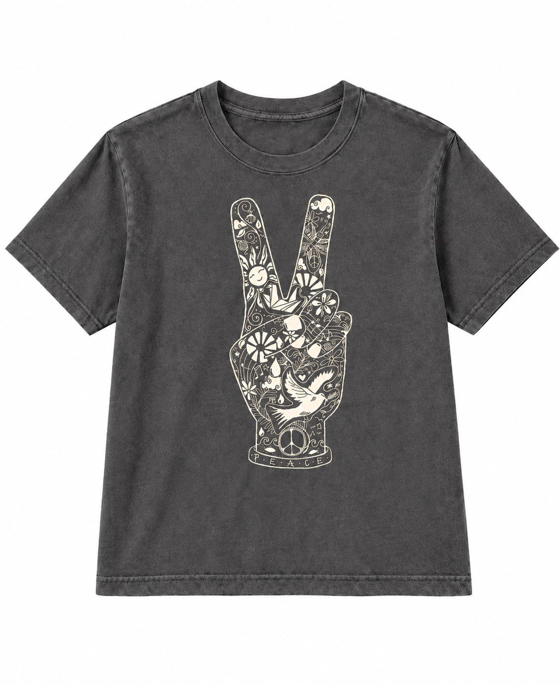 Peace Fingers Boxy Tee Womens Charcoal Tee with Peace Artwork