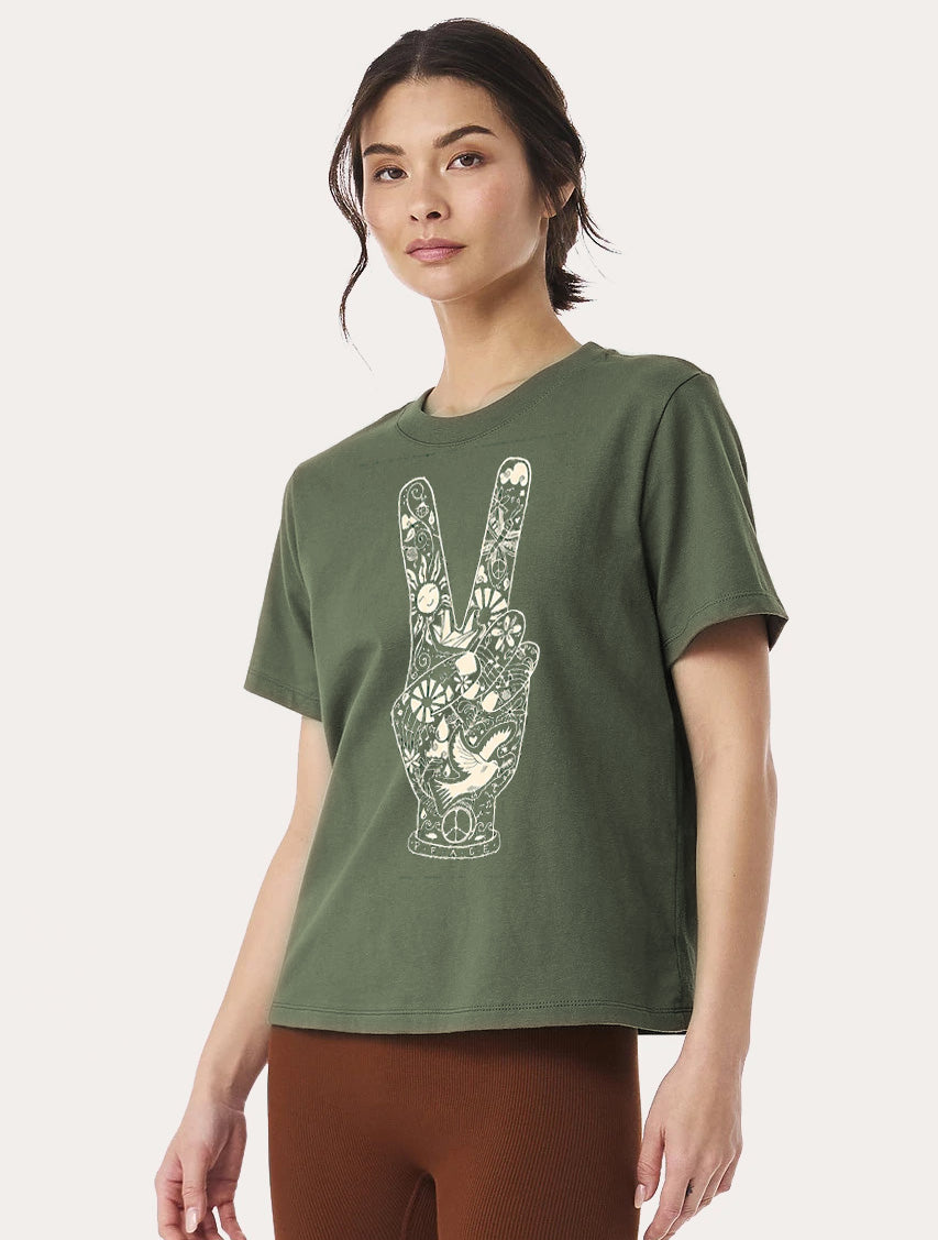 Peace Fingers Boxy Tee Womens Pine Green Tee with Peace Artwork