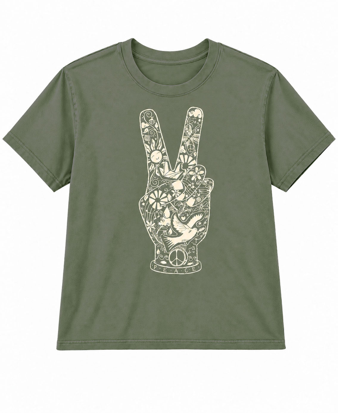 Peace Fingers Boxy Tee Womens Pine Green Tee with Peace Artwork