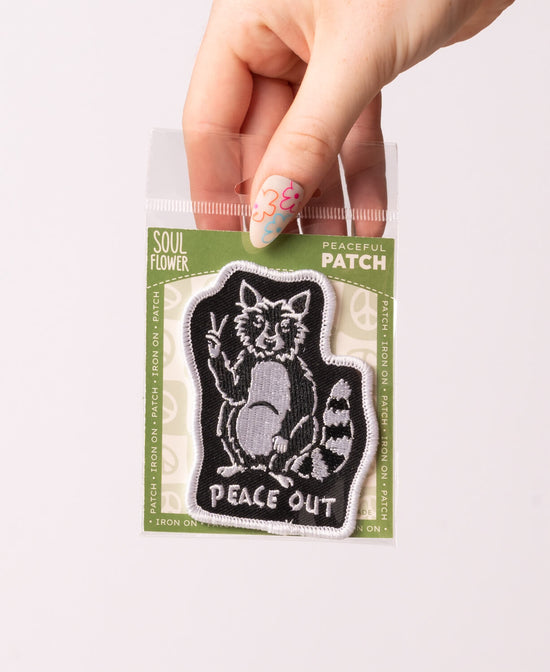 Peace Out Raccoon Iron-On Patch - Raccoon Iron-On Patch | Peace Out Patch | Soul Flower