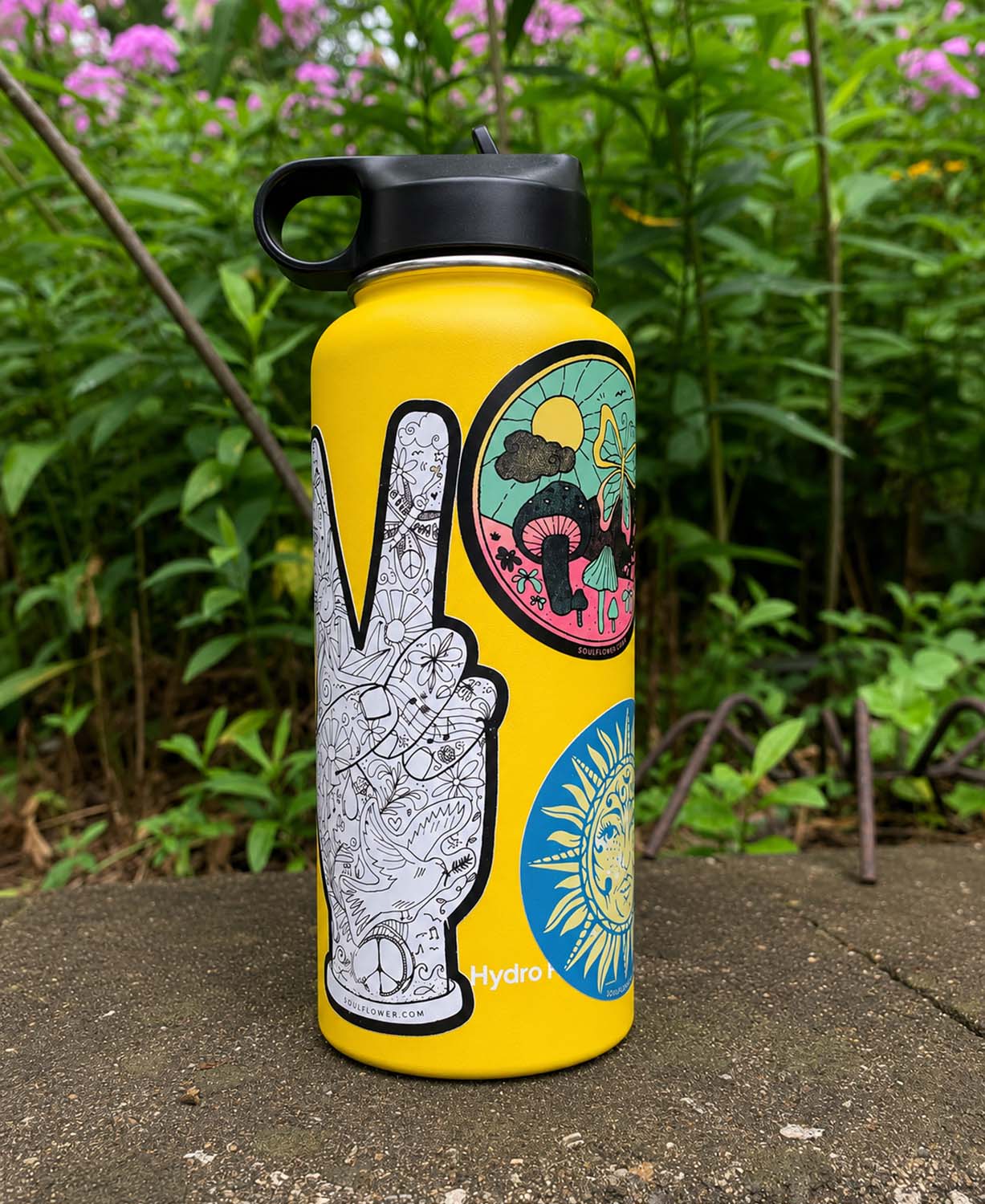Yellow Hydroflask with soul flower stickers