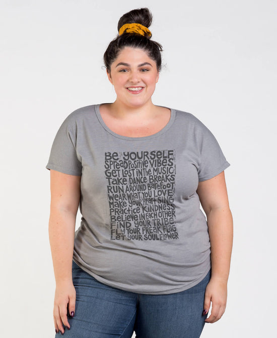 Soul Flower Manifesto Slouch Top - Be Yourself TShirt | Manifesto Slouch Tee | Soul Flower Women plus size model