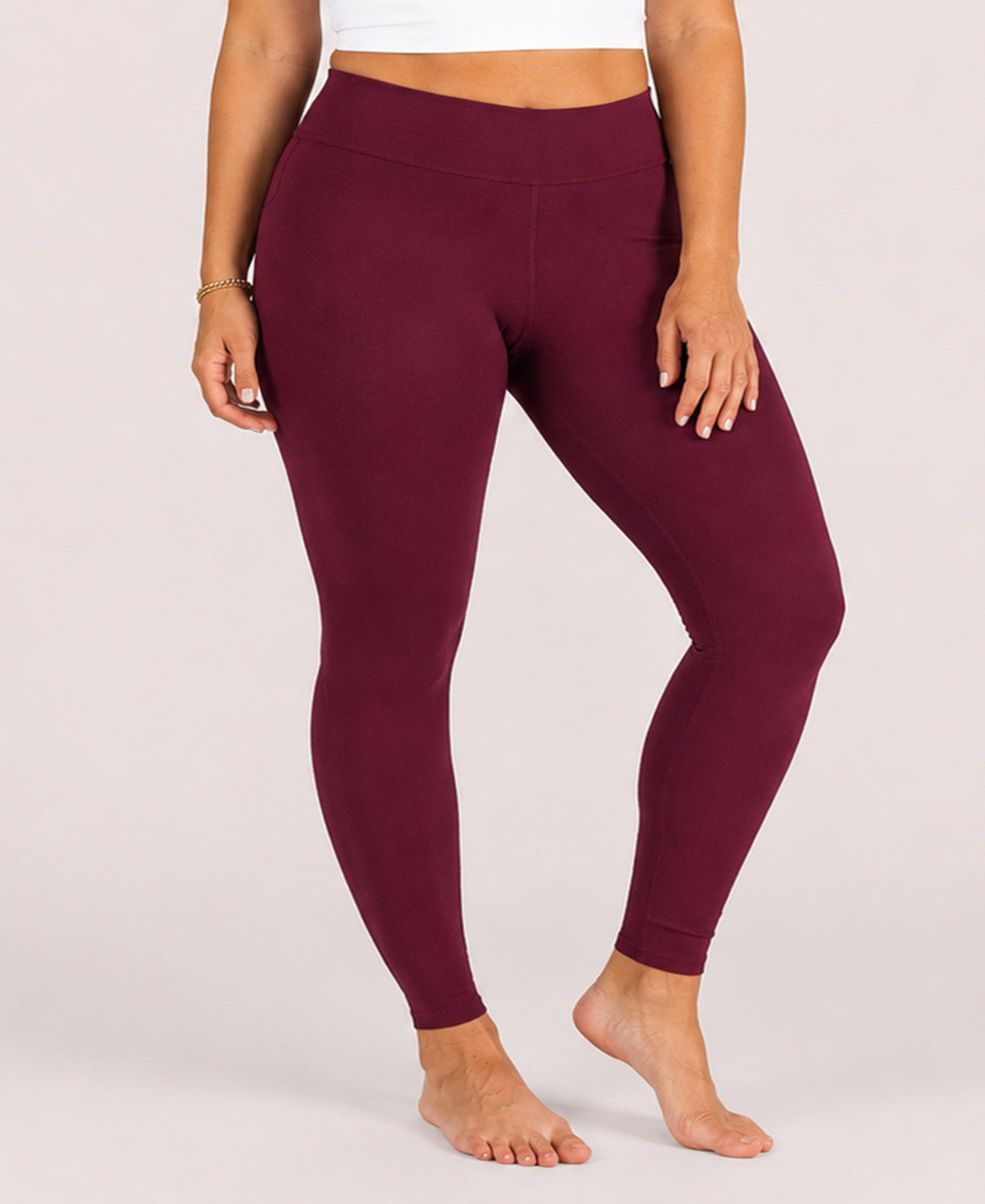 Closeout! Organic Cotton Leggings - Full Length Burgundy - Burgundy Organic Cotton Leggings | Soul Flower USA Women plus model