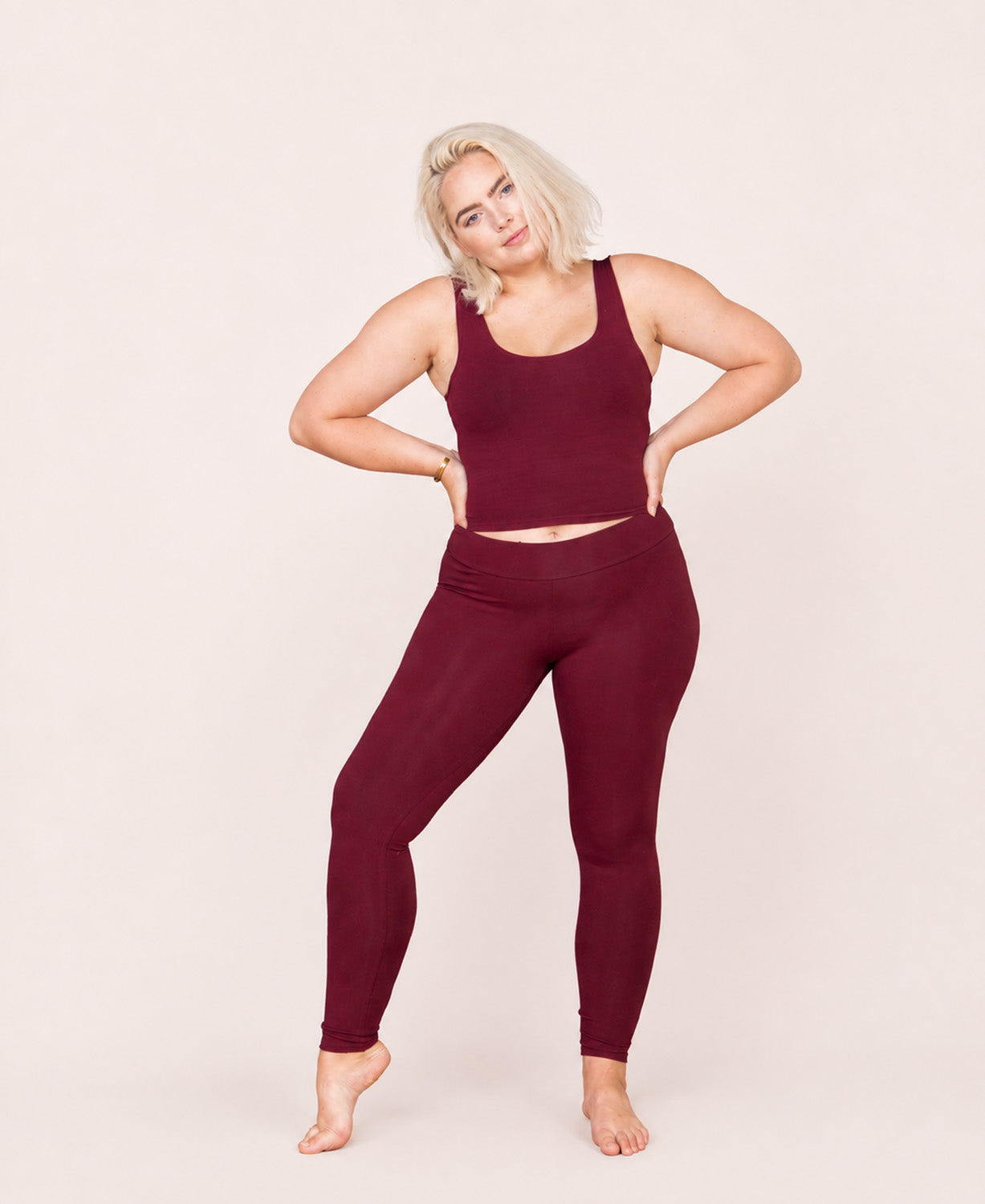 Organic Cotton Leggings - Full Length Burgundy - Burgundy Organic Cotton Leggings | Soul Flower USA Women plus model