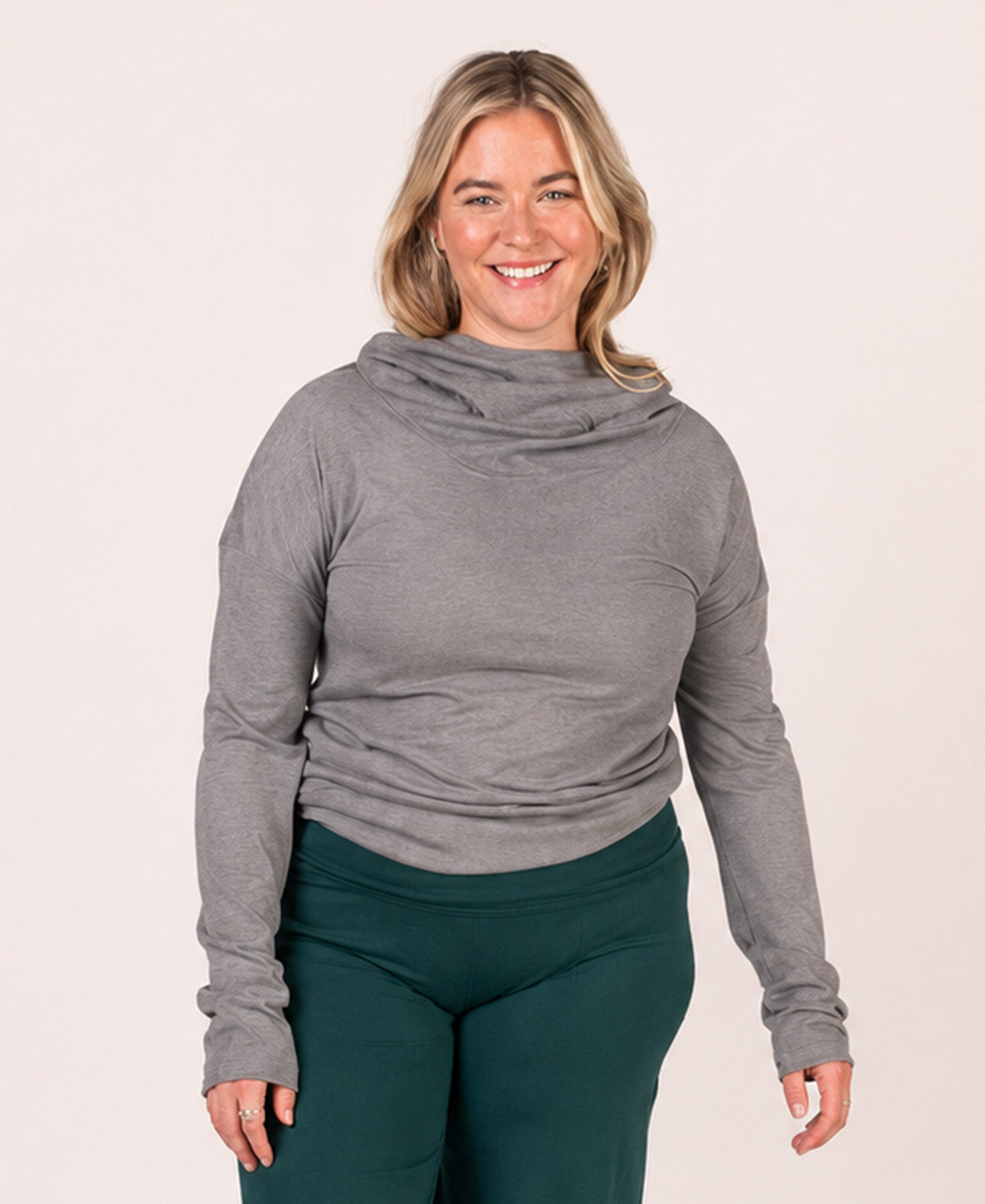 The Resistance Cowl Neck Hoody - Eco Gray - Gray Cowl Neck Hoodie Womens | Yoga Hoody | Soul Flower Women on plus size model