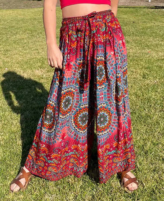 Red Earth Mandala Flowy Pants - Boho Wide Leg Pants | Hippie Pants | Soul Flower