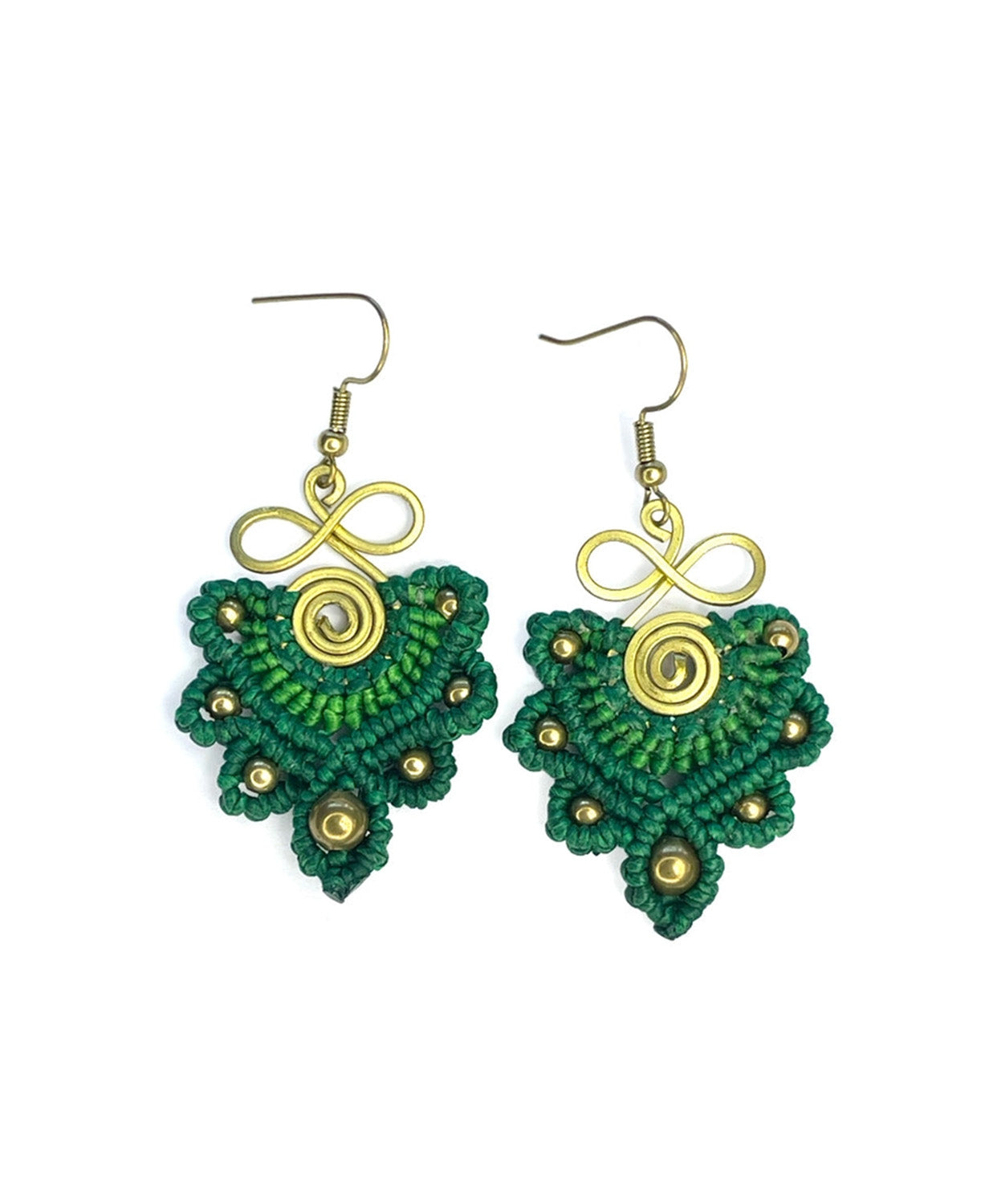 A pair of handmade green macrame earrings with gold-colored metal hooks and spiral accents, displayed on a clean white background.