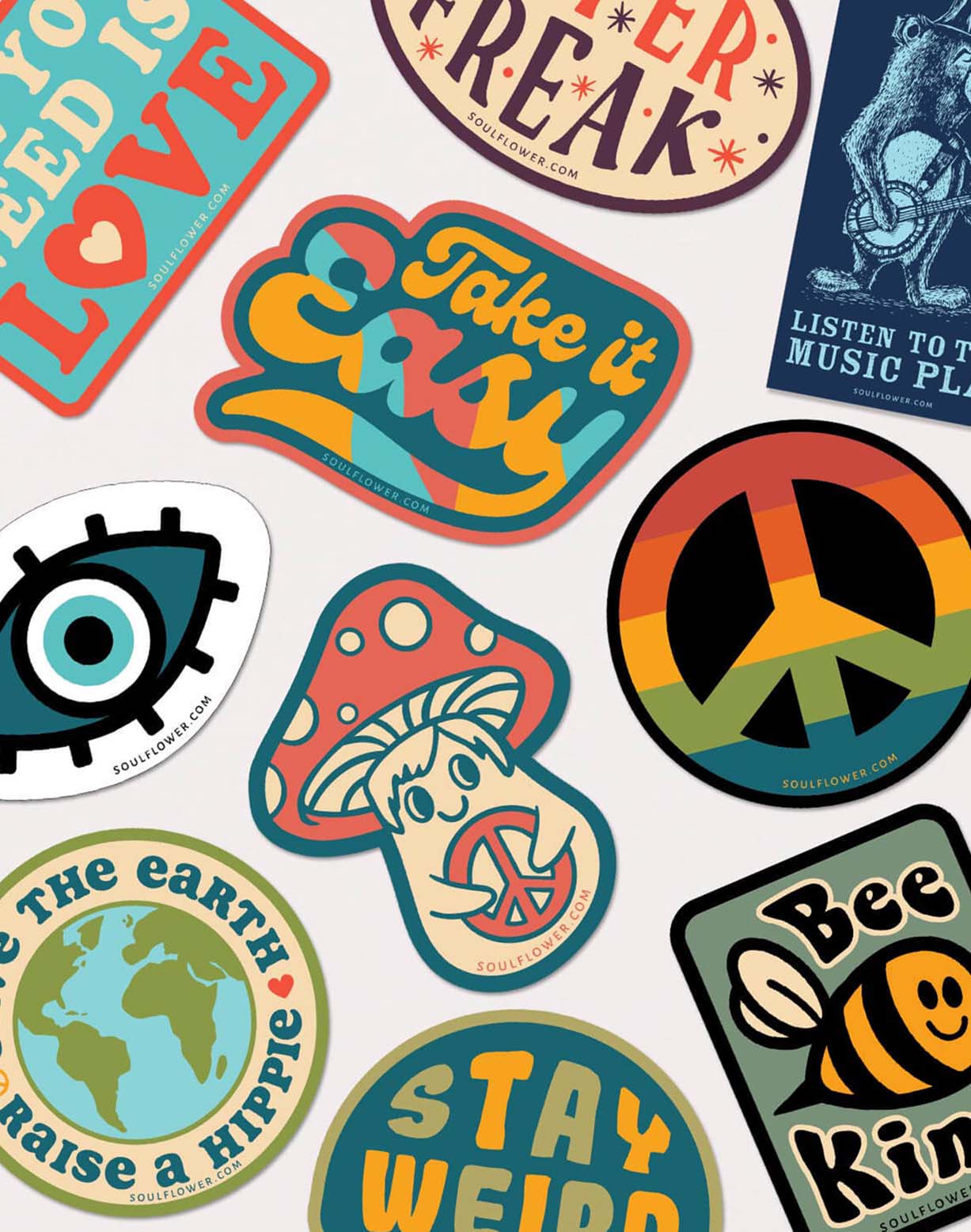 Hippie stickers and peace sign stickers