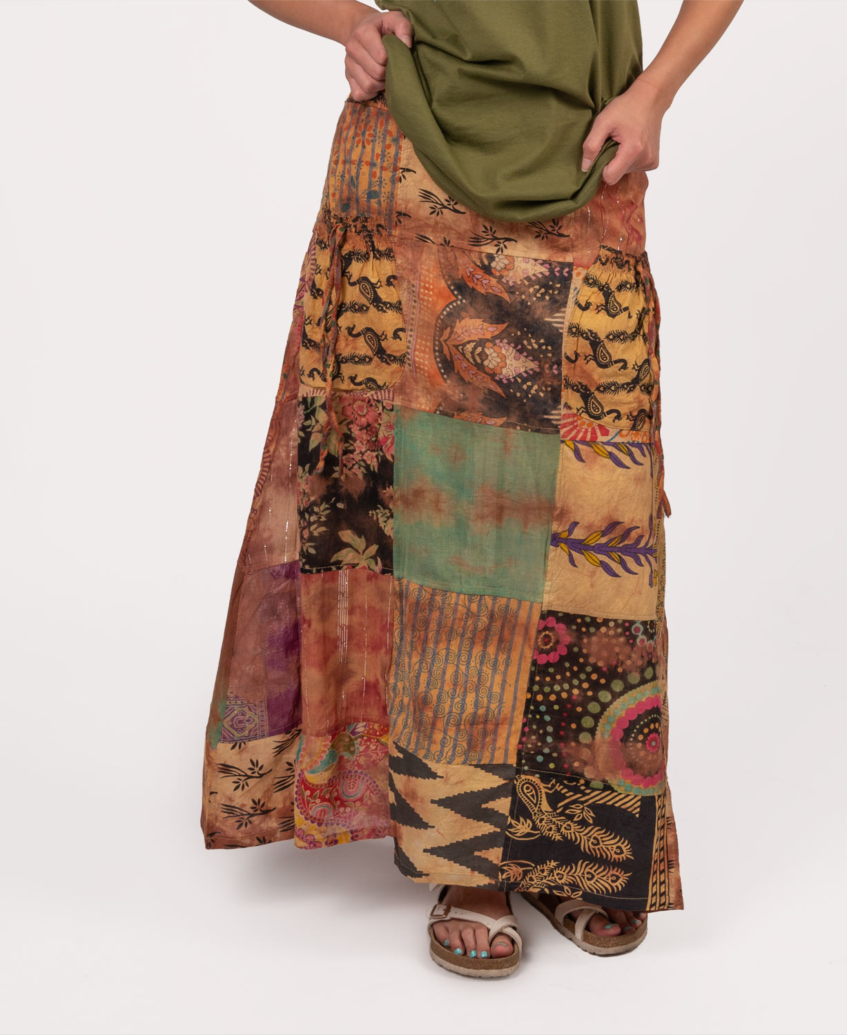 Tan Patchwork Hippie Maxi Skirt with Cargo Pockets