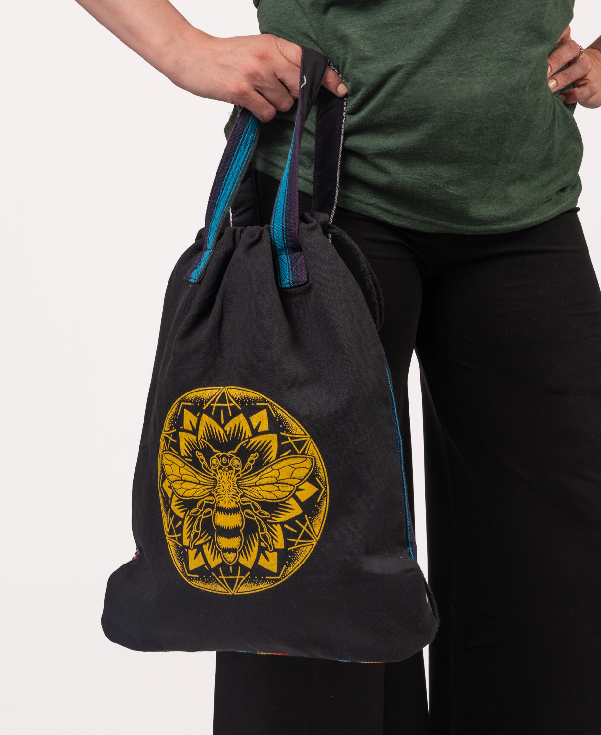 Bee Mandala Cinch String Backpack - Black