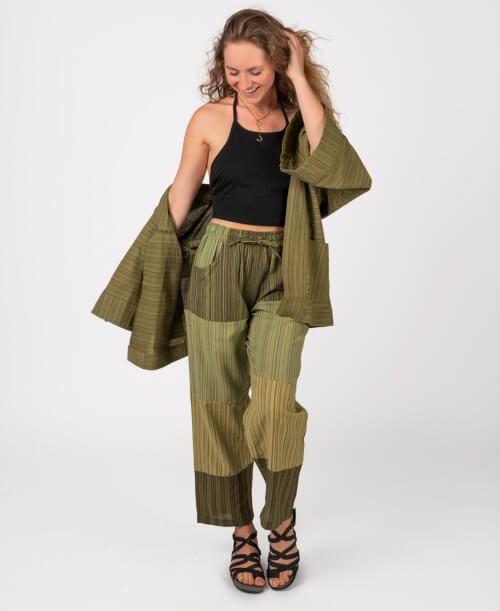 Green Patchwork Pants, Patchwork Hippie Pants